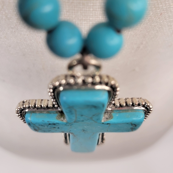 Turquoise Cross Pendant, Beaded Necklace - Picture 7 of 9